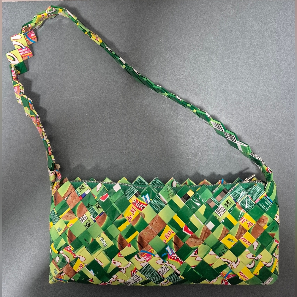 Handmade Bag/Purse Made From Woven Recycled Candy Wrappers Green and Multi-Color